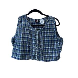 Vintage No Boundaries Blue Green Plaid Button Up Sleeveless Crop Top Womens Sz M